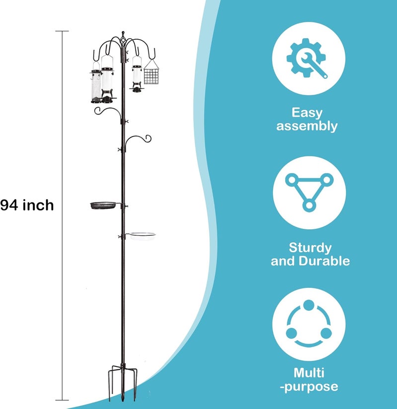 YINGYM 6-Hook Bird Feeding Station Kit, Wild Bird Feeder Stand Pole, Multi-Feeder Kit Stand with 4 Feeders, Bird Bath and Mesh Tray, 94 Inch - Image 2